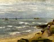 Follower of Jean-Baptiste-Camille Corot - Seascape with Figures on Cliffs